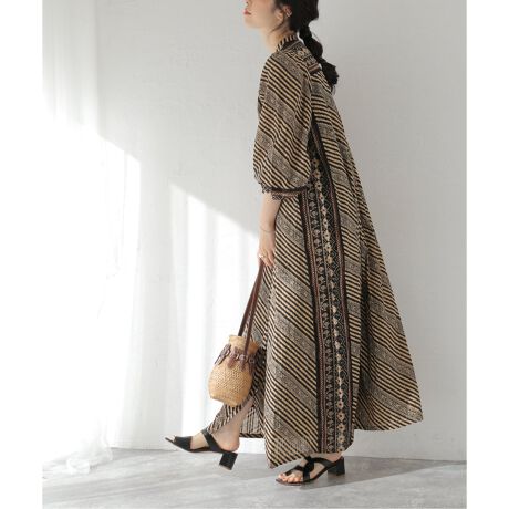 SARA MALLIKA/サラマリカ】COTTON STRIPE ETHNIC PRINT：ワンピ 