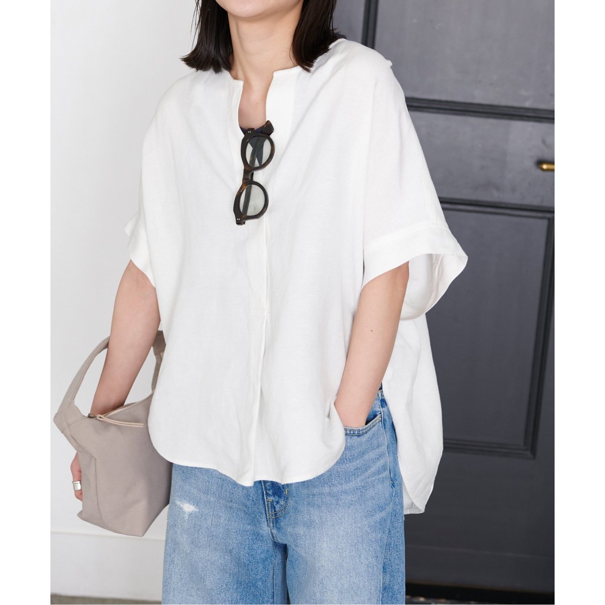 希少　JOURNAL STANDARD　レーヨン麻ノーカラーブラウス　スキッパー JOURNAL STANDARD】レーヨン麻ノーカラースキッパーブラウス