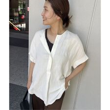 《追加2》【洗える】レーヨン麻ノーカラーブラウス