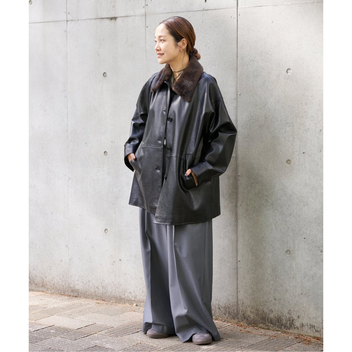 追加》ウォッシャブルフェイクレザーファー襟付カバーオール