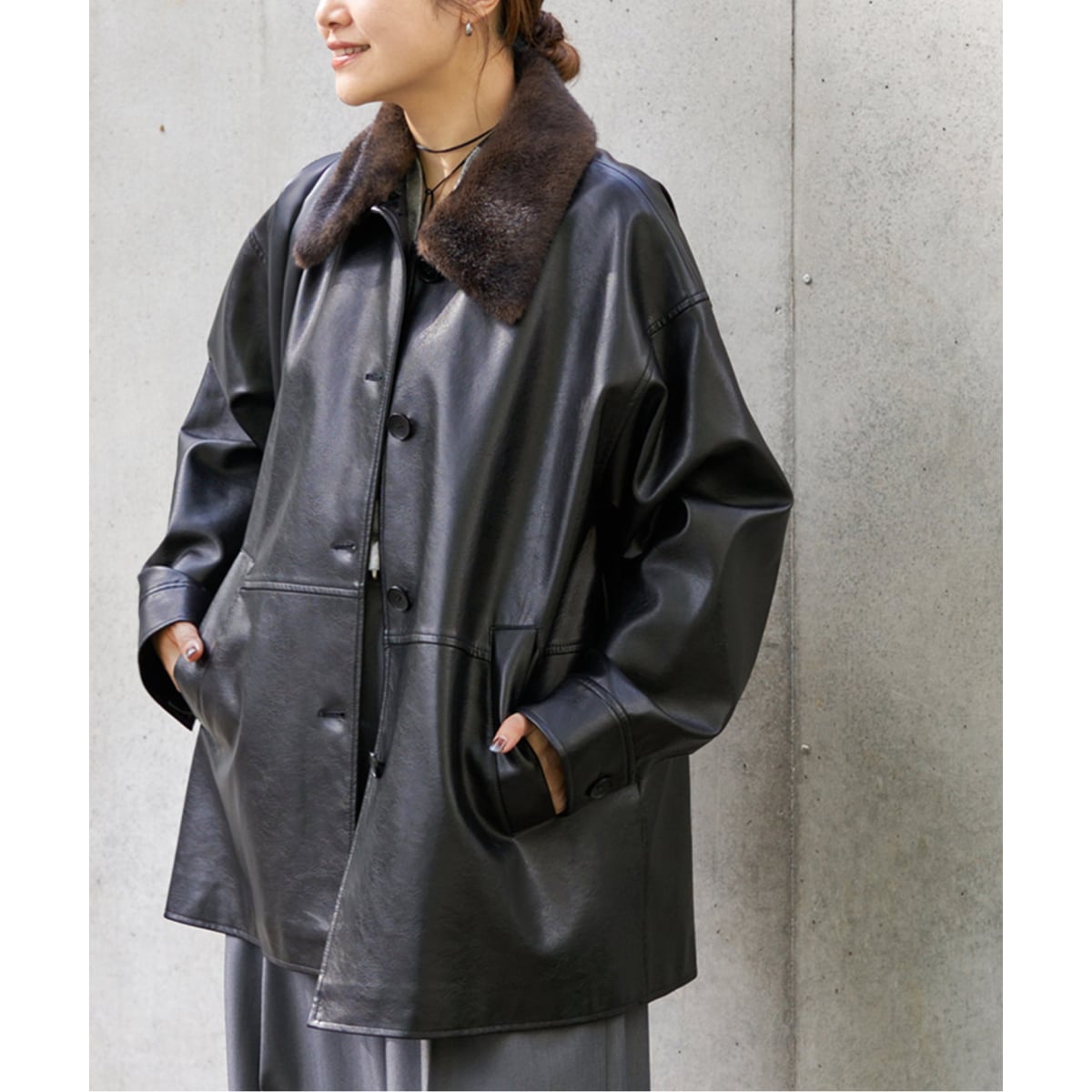 追加》ウォッシャブルフェイクレザーファー襟付カバーオール