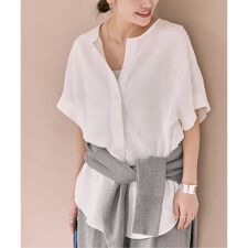 《予約》レーヨン麻ノーカラーブラウス