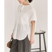 《予約》カットワークレースノーカラーブラウス