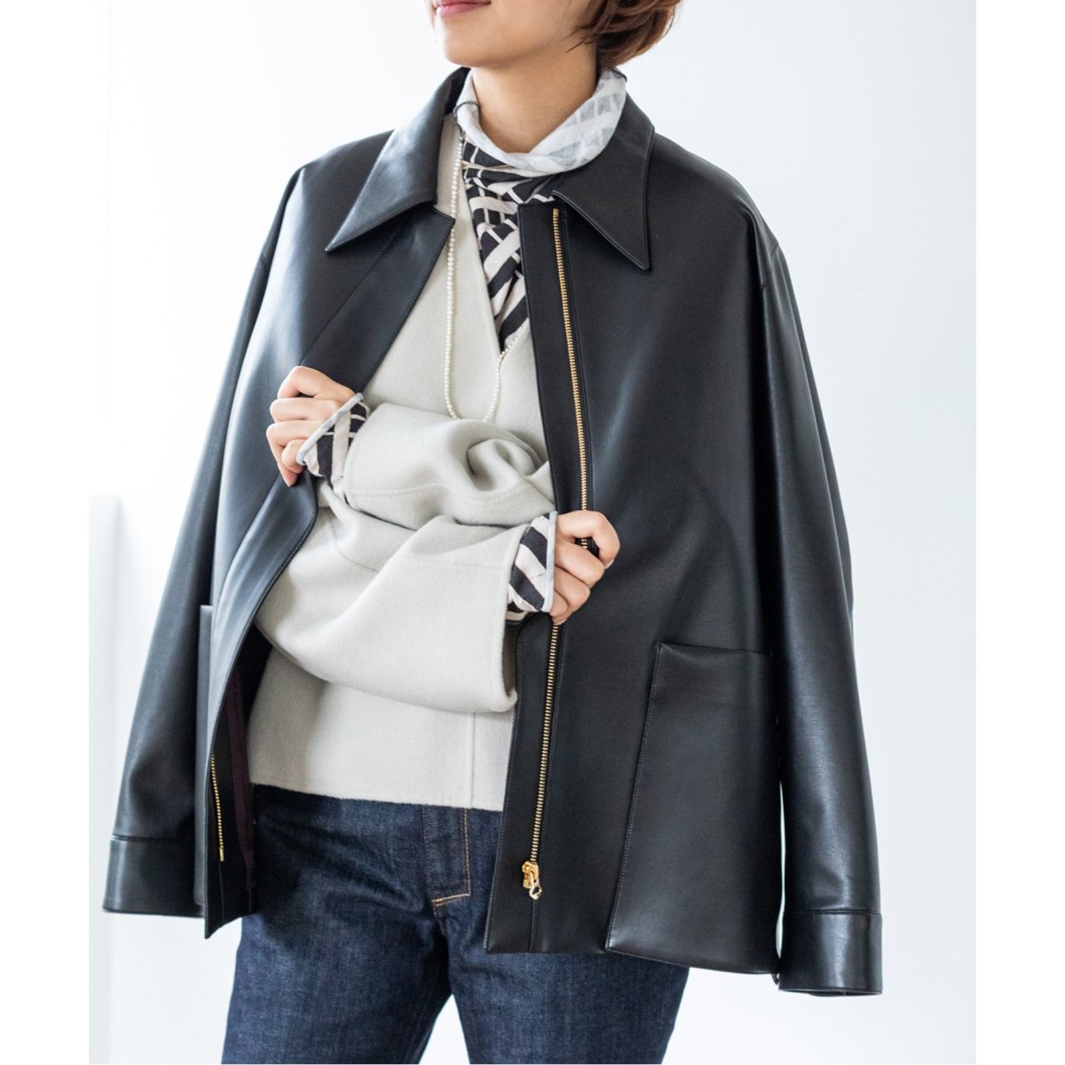 フェイクレザー ジップブルゾン