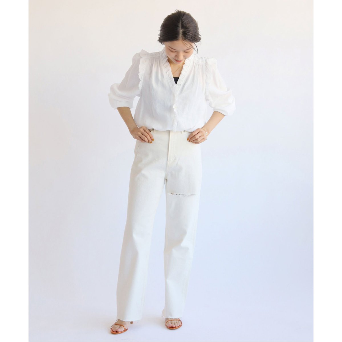 イエナ 23SS コットンシュリンクフリルブラウス シャツ Vネック 長袖 白 IENA（イエナ） ブラウス シャツ 「追加」コットンシュリンクフリル