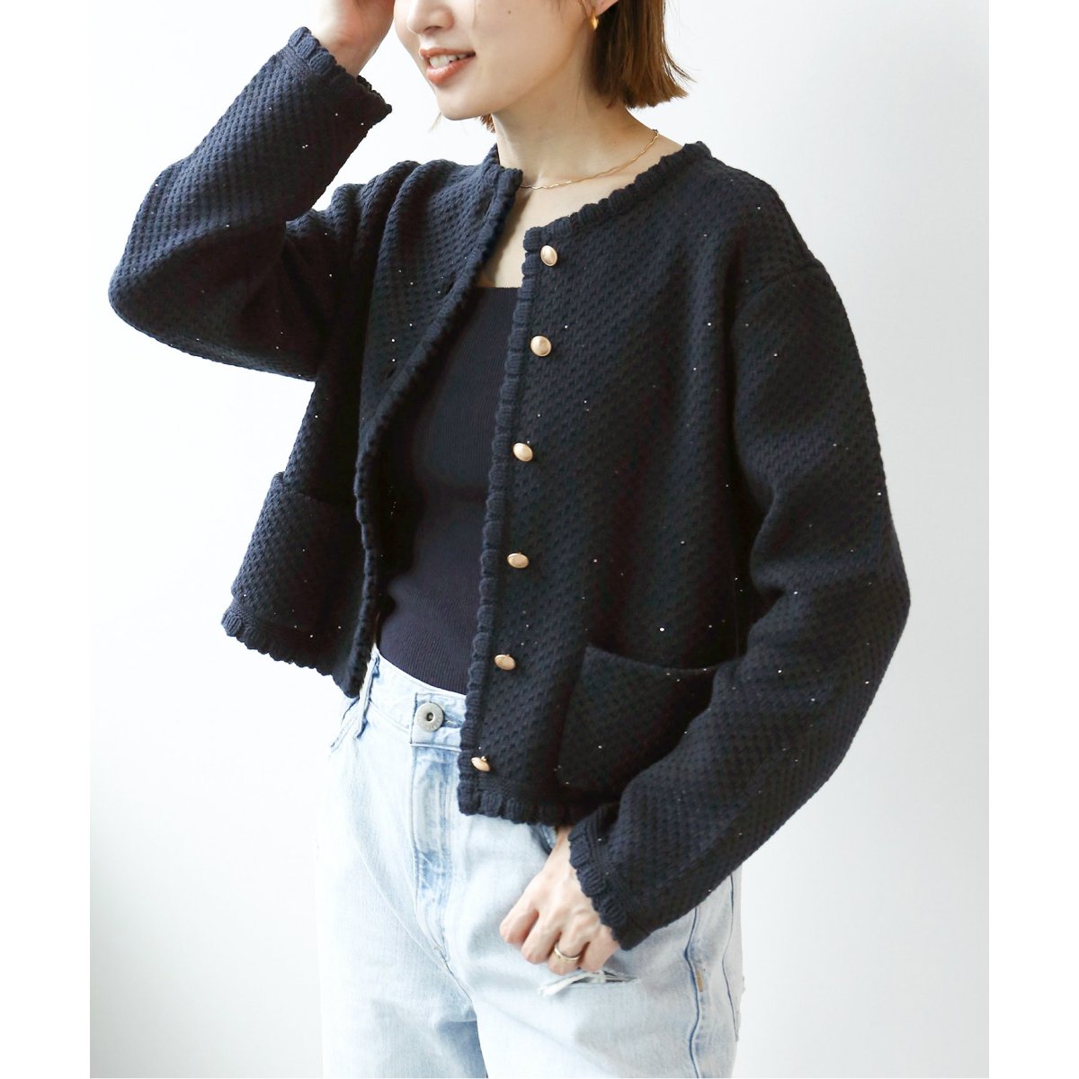 iena 柄編みコンパクトニットジャケットレディース - ニット/セーター