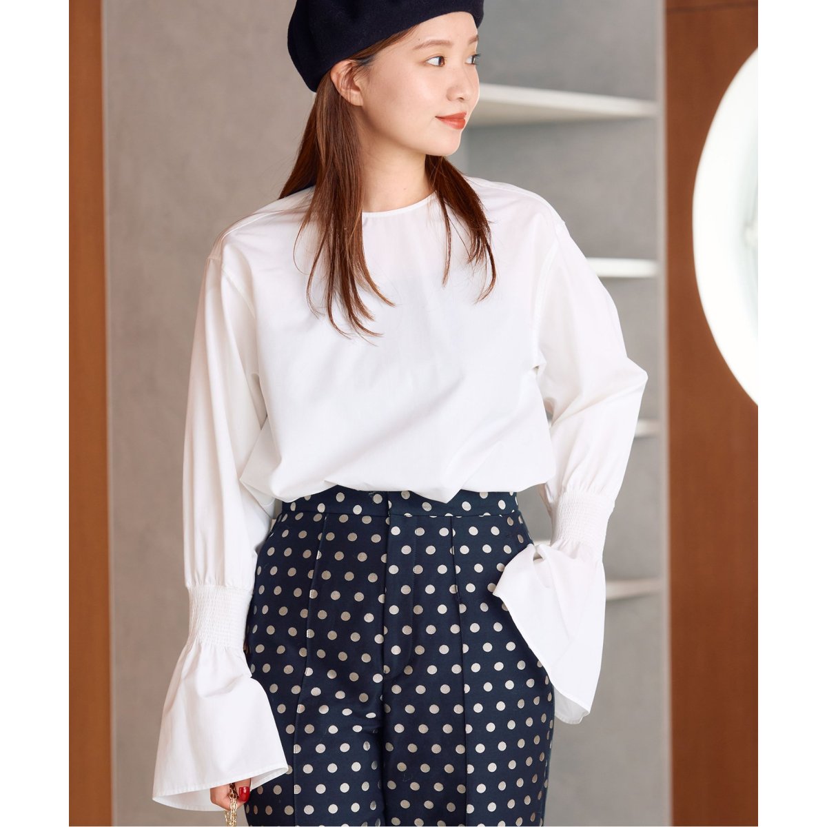 美品 IENA ノーカラーシャーリングブラウス フリー ネイビー×ホワイト ノーカラーシャーリングブラウス | イエナ(IENA) | マルイウェブチャネル