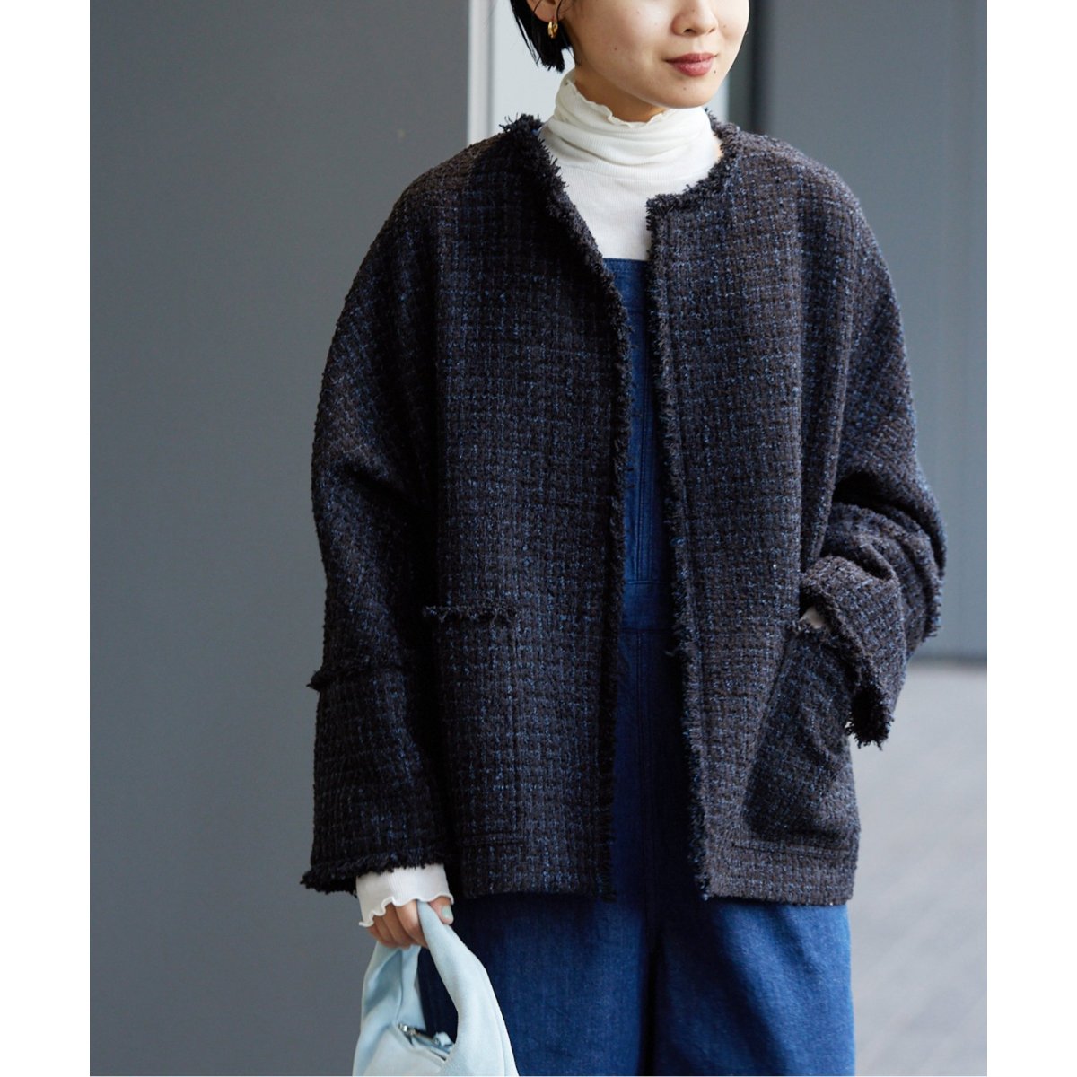 2023AW✨IENA ノーカラーツイード ジャケット ネイビー　ゆったり　36 ノーカラーツイード ジャケット | イエナ(IENA) | マルイウェブ