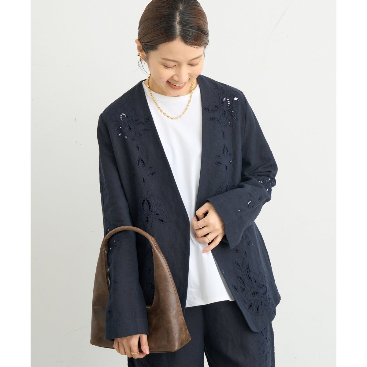 イエナ　IENA コットンリネンカットワークレースジャケット　ネイビー コットンリネン カットワークレース ジャケット | イエナ(IENA