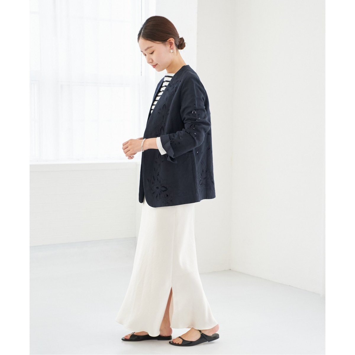 イエナ　IENA コットンリネンカットワークレースジャケット　ネイビー コットンリネン カットワークレース ジャケット | イエナ(IENA