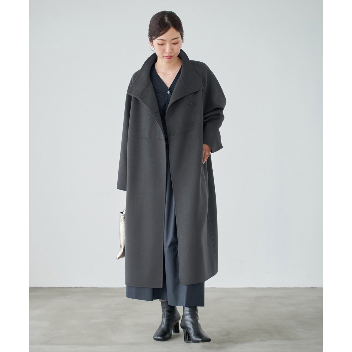 IENA】ブルー×ブラック ノーカラーコート レディース 38