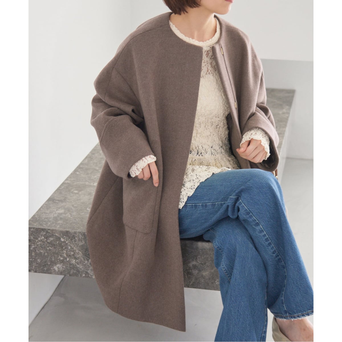 イエナ／美品❤️らくちん軽量ラムウールノーカラーコート36 モカベージュ IENA（イエナ）の「ラムウールノーカラーロングコート◇（ノー