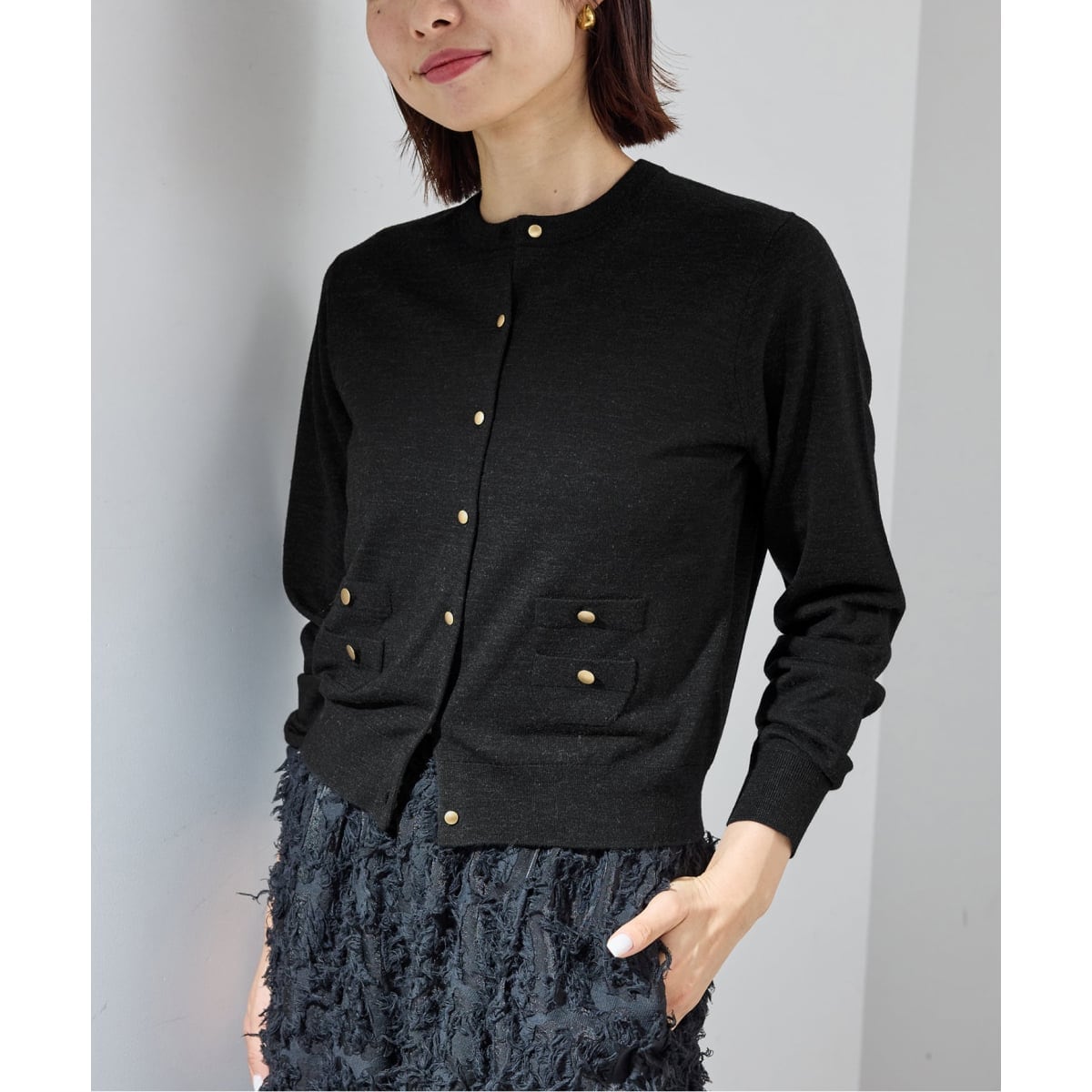 IENA スーパーファインスムースショートカーディガン イエナ ブラック スーパーファインスムース ショートカーディガン（カーディガン