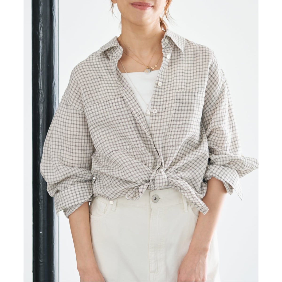 新品 IENA フレンチリネンチェックレギュラーカラーシャツ セットアップ対応》フレンチリネンチェックレギュラーカラーシャツ
