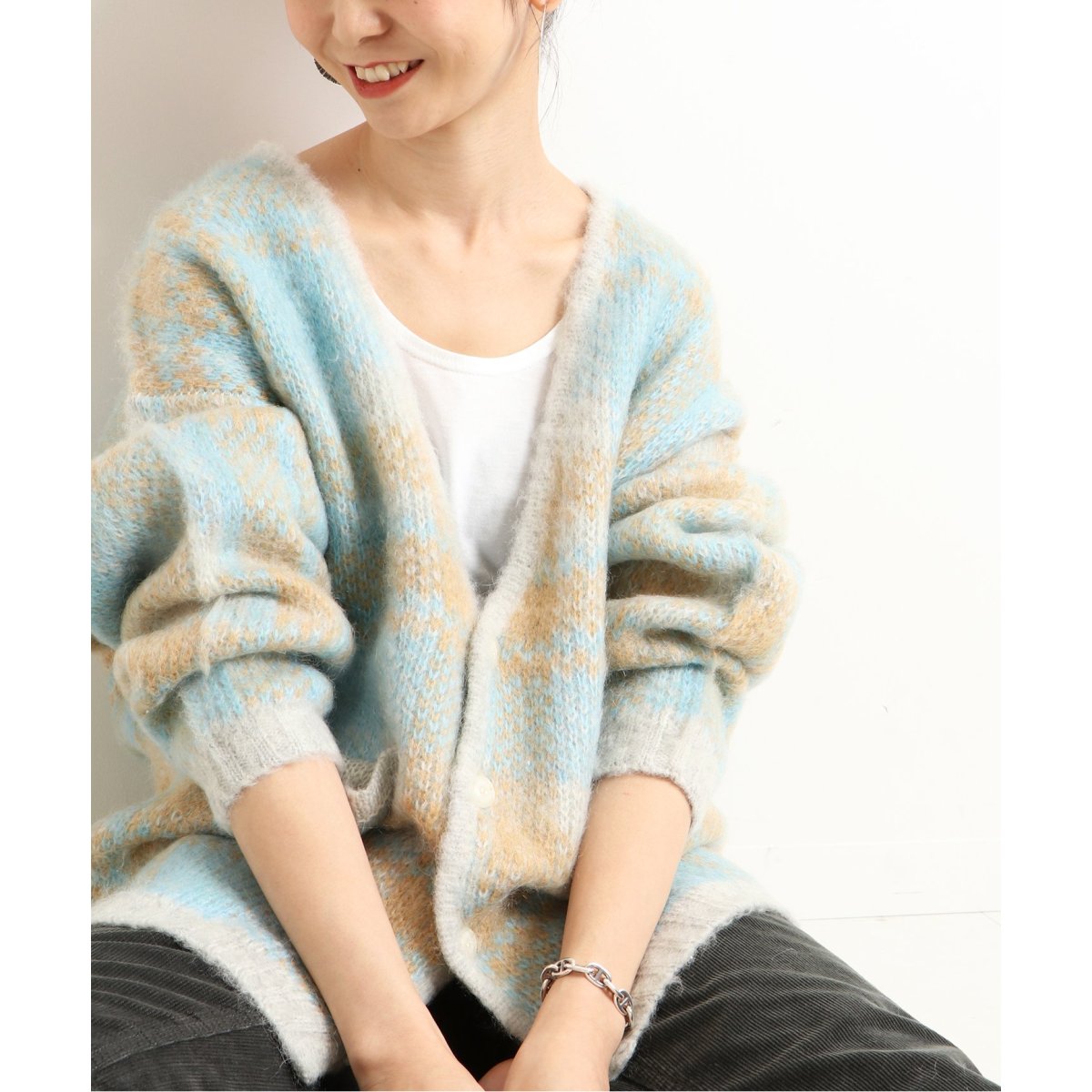 追加》モヘヤシャギーチェック柄ニットカーディガン◇ | スローブ