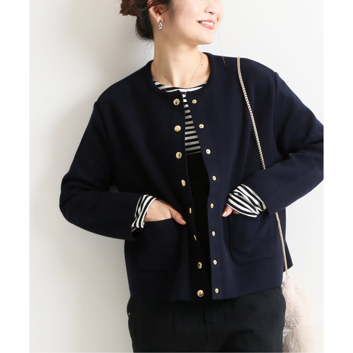 SLOBE IENA ダブルフェイスクルーネックジャケット ネイビー