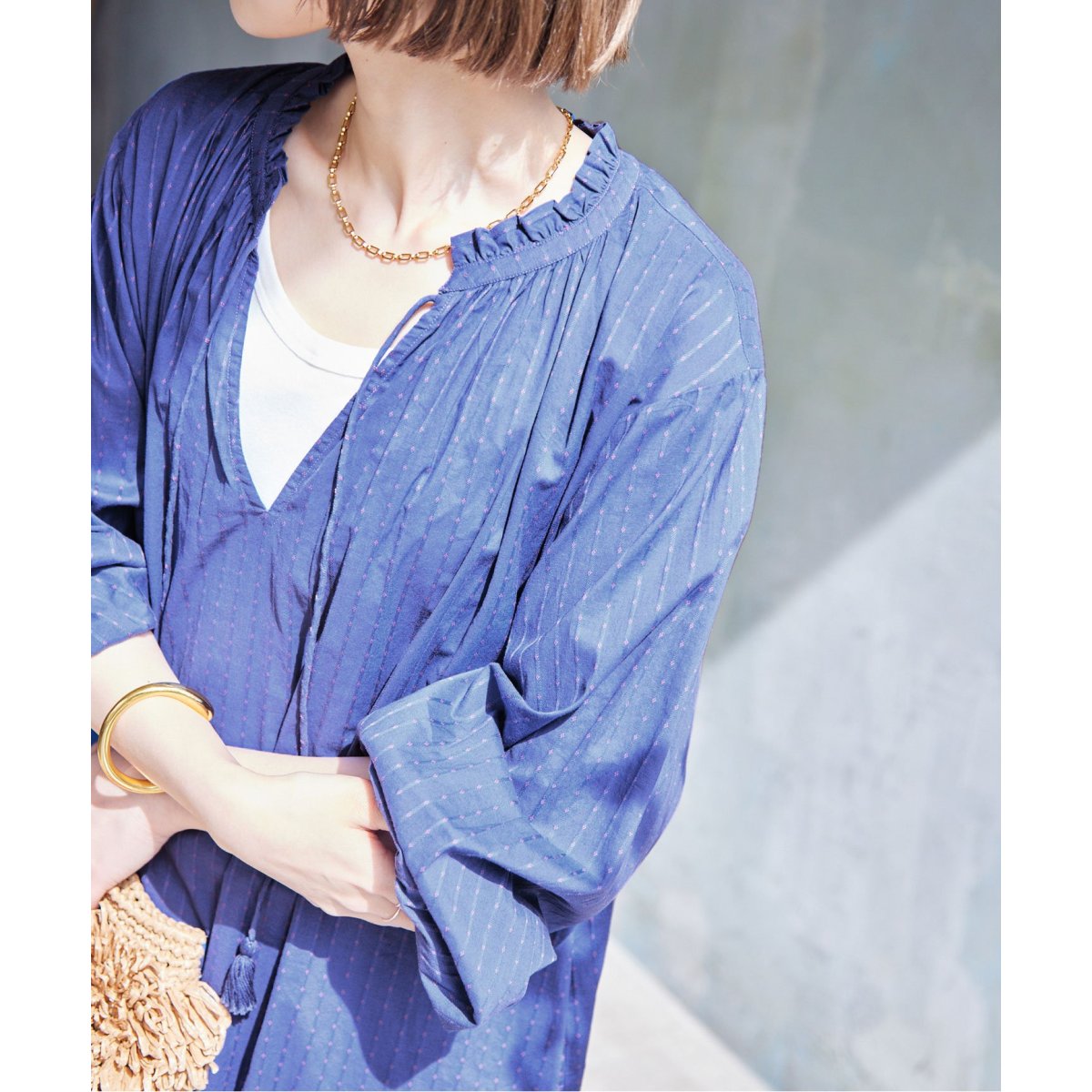 SLOBE IENA ポンディシェリ スキッパーワンピース ブルー SLOBE IENA（スローブイエナ）の「【Pondichery/ポンディシェリ