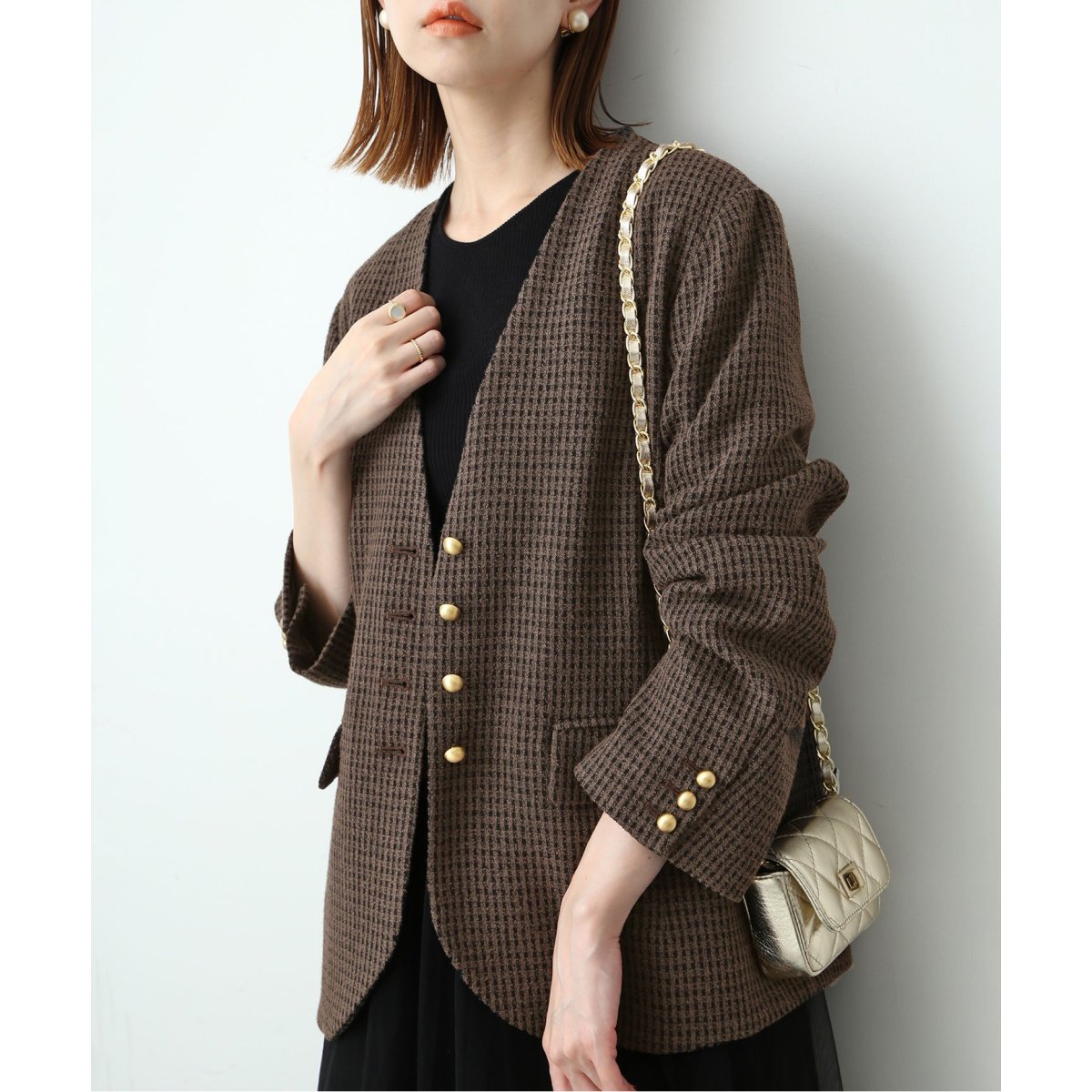 試着のみ SLOBE IENA ループツイード V/N JKブラウン38 ループツイードVネックジャケット | スローブ イエナ(SLOBE IENA