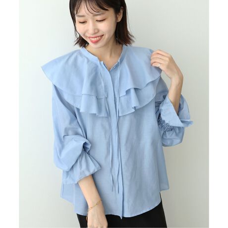 IENA イエナ ストライプコットンフリルブラウス サックスブルー さらえよ 