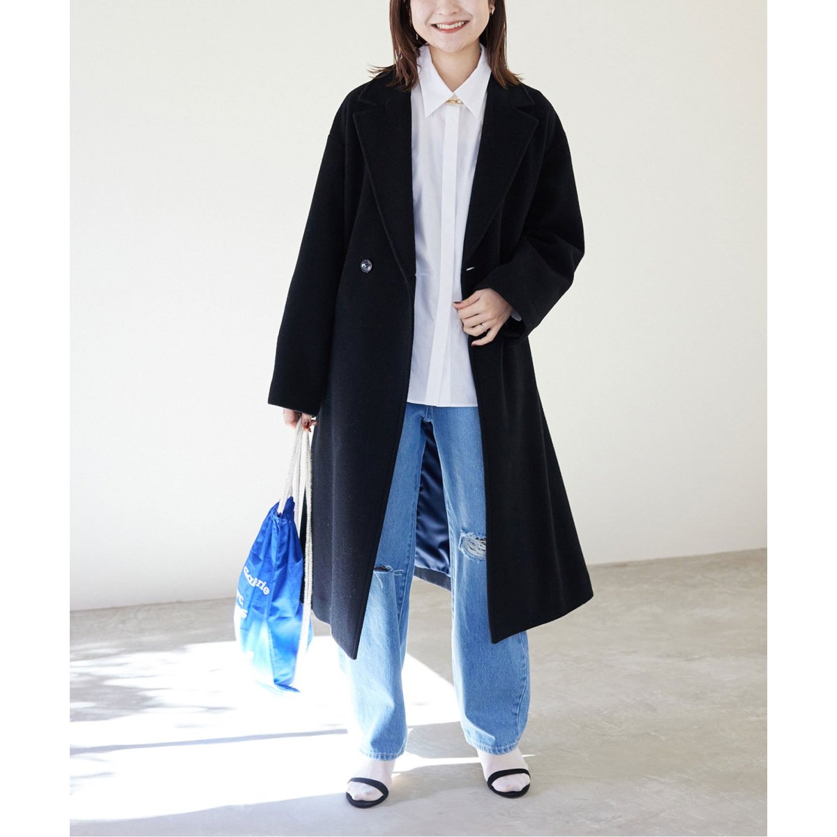 更に値下SLOBEIENAスローブイエナエコウールダブルブレストコート ブラック SLOBE IENA（スローブイエナ）の「ECO WOOL ダブルブレストコート