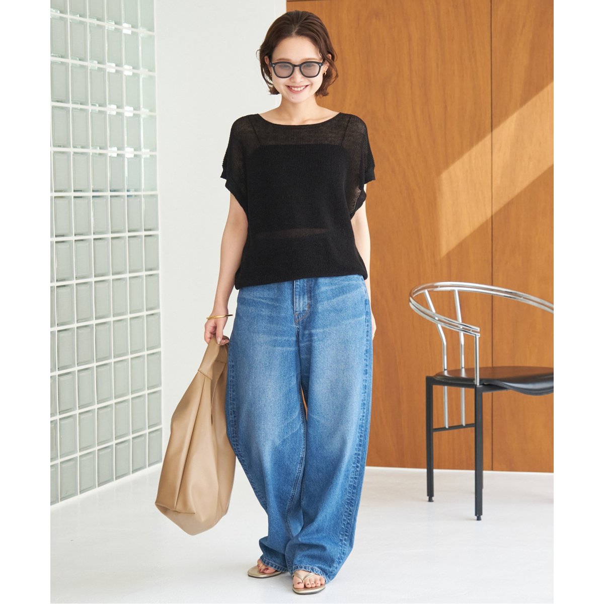 新品　スローブイエナ　リネン混フレンチスリーブニット　ブラック SLOBE IENA（スローブイエナ）の「リネン混フレンチスリーブ