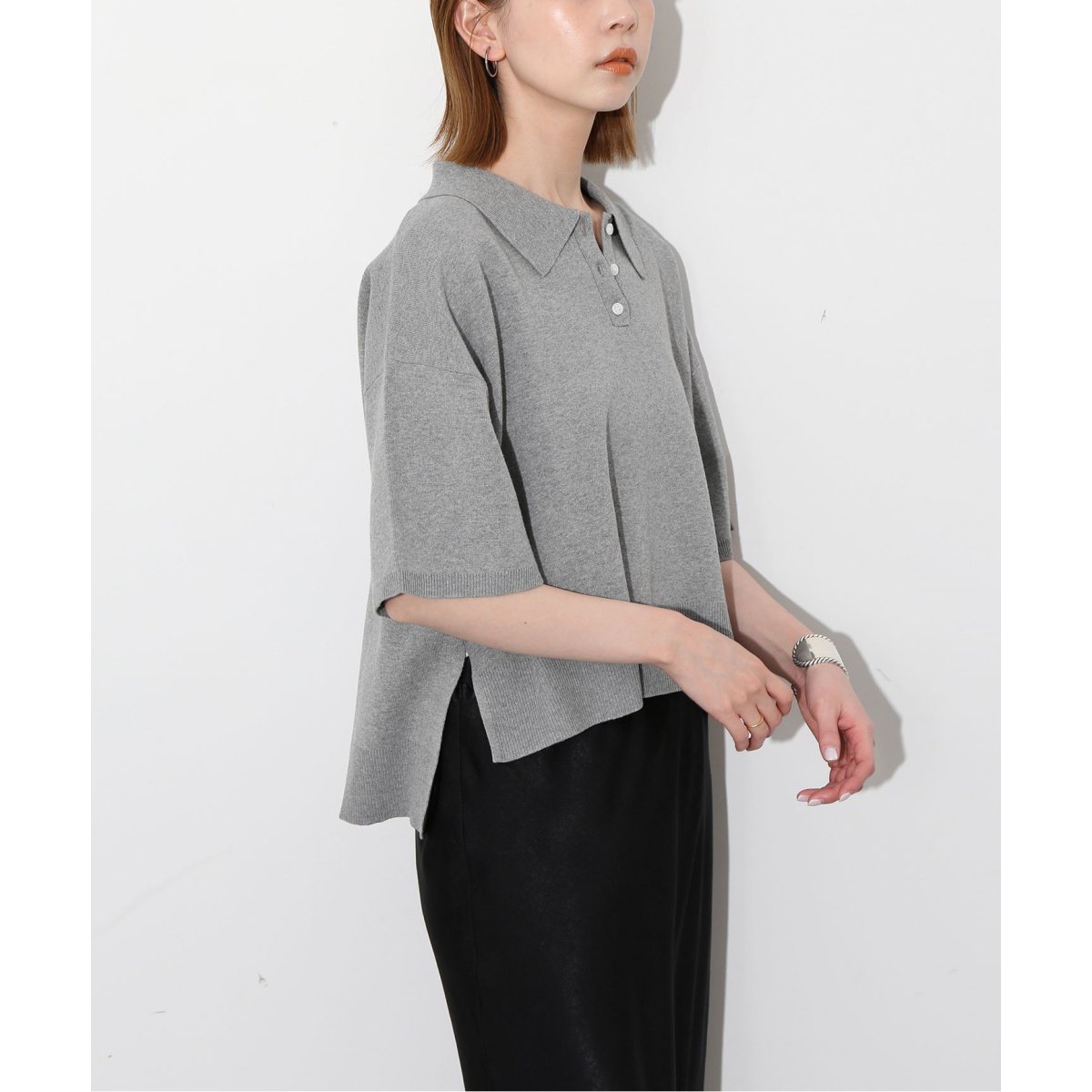 SLOBE IENA イエナ　ミラノリブ　ニットポロシャツ　半袖　ネイビー ミラノリブ ニットポロシャツ | スローブ イエナ(SLOBE IENA