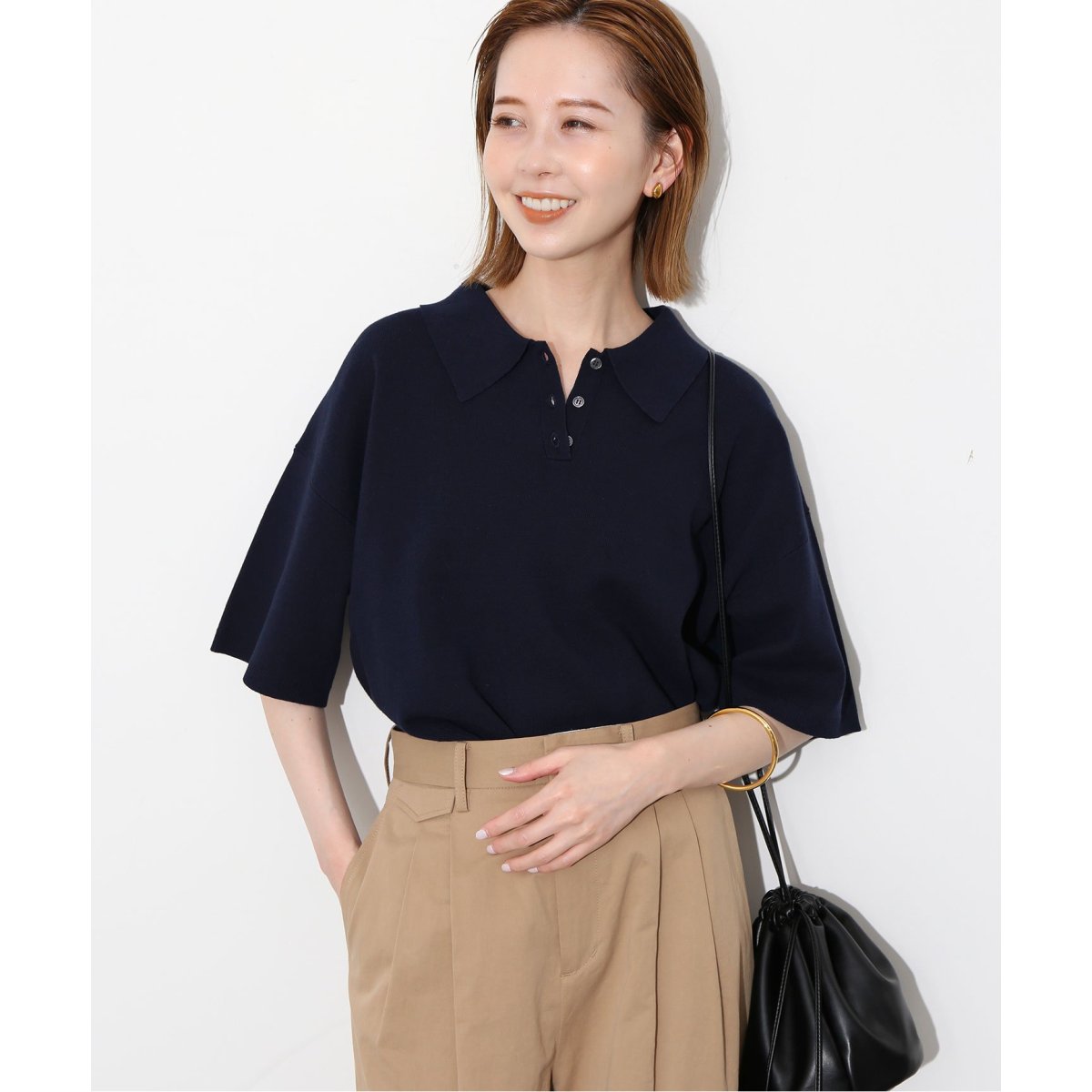 SLOBE IENA イエナ　ミラノリブ　ニットポロシャツ　半袖　ネイビー ミラノリブ ニットポロシャツ | スローブ イエナ(SLOBE IENA