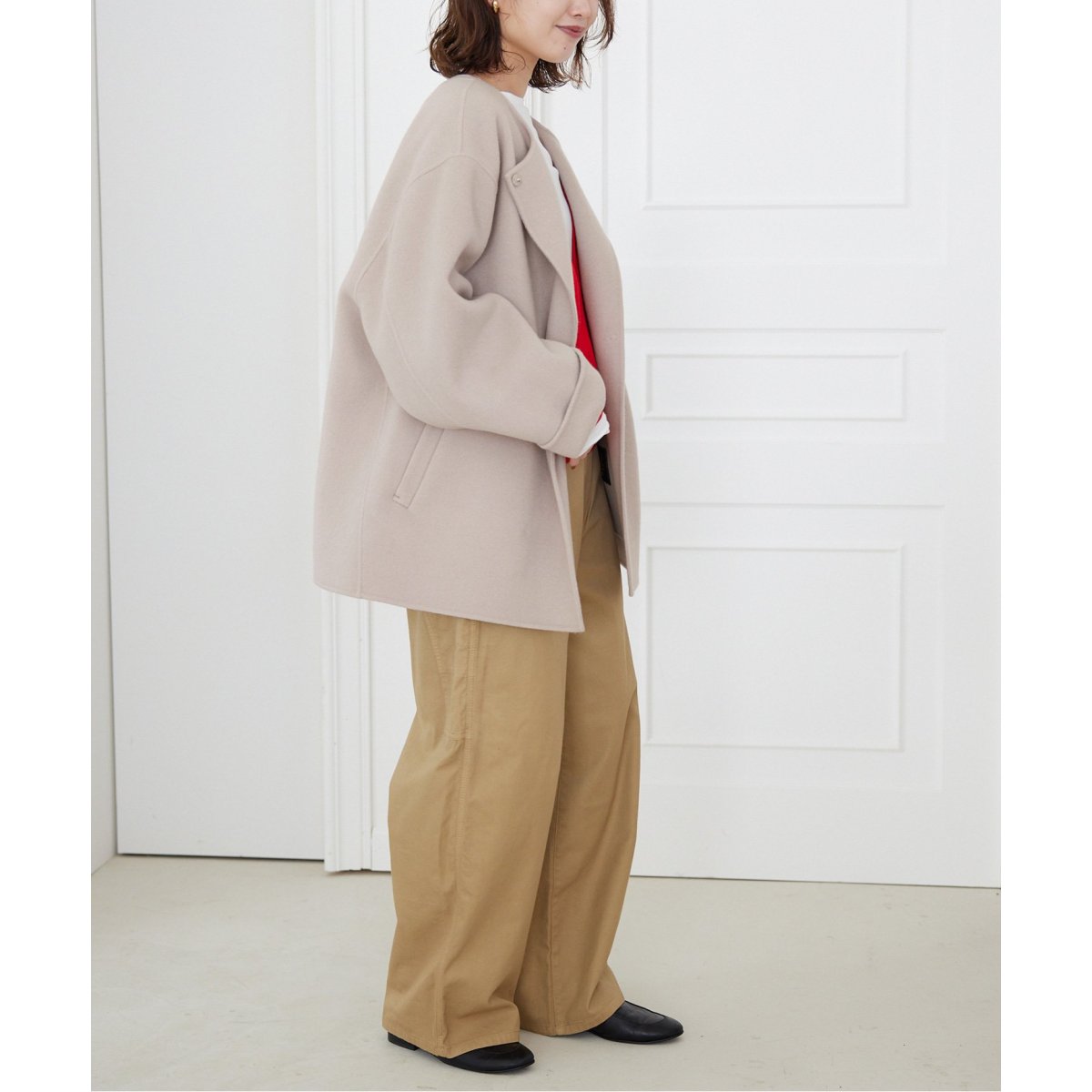 SLOBE IENA souple wool ダブルフェイスノーカラーコート SLOBE IENA（スローブイエナ）の「souple woolダブルフェイス