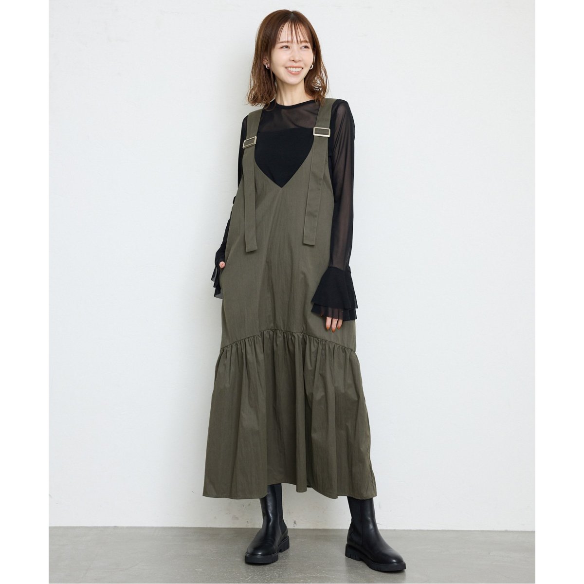 24AW SLOBE IENA Vネック ギャザージャンスカ　カーキ Vネック ギャザージャンスカ | スローブ イエナ(SLOBE IENA