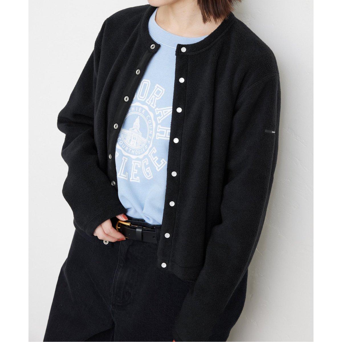 オーシバル】フランス製フリース ノーカラージャケットブラック