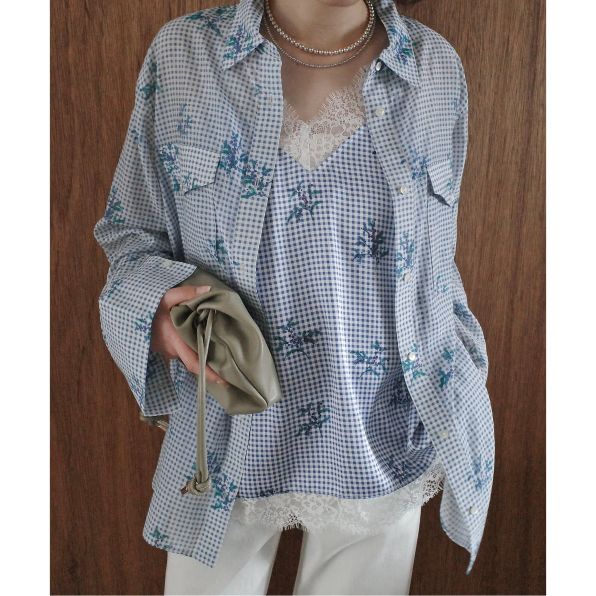 SLOBE IENA Margaux Dereume マルゴー シャツ ブルー Margaux Dereume × SLOBE cotton silk mix シャツ（シャツ／ブラウス