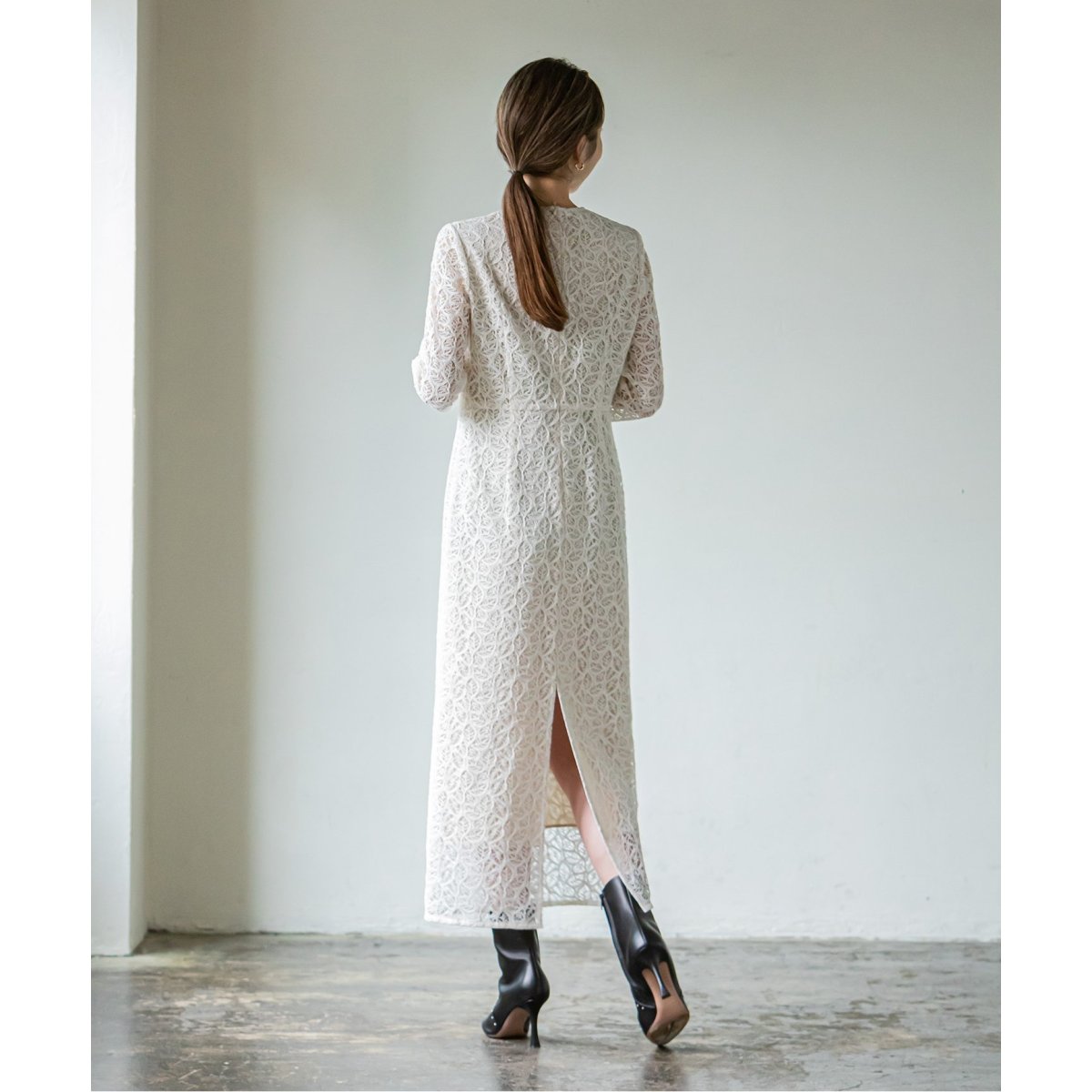 【美品】NOBLEリーフベインレースIラインワンピース　36サイズ 美品】NOBLEリーフベインレースIラインワンピース 36サイズ