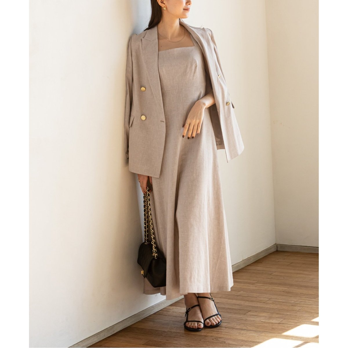 追加》麻ストレッチスクエアネックワンピース | ノーブル(Noble