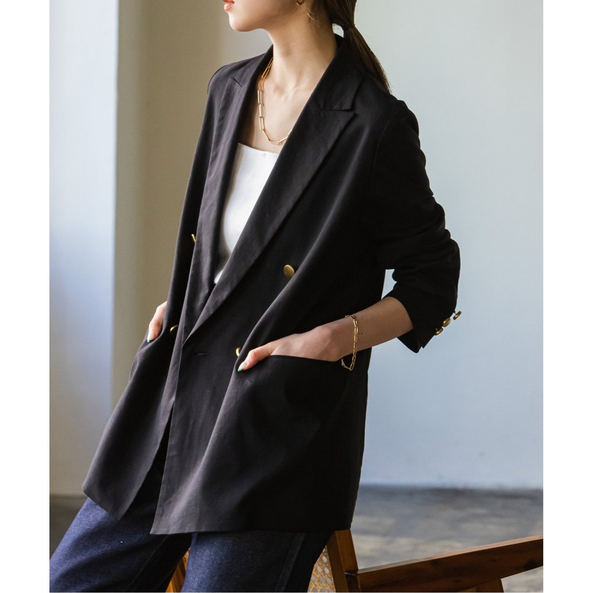 追加》麻ストレッチピークドラペルダブルジャケット | ノーブル(Noble