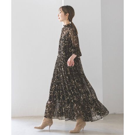 Noble レオパードプリント ティアードマキシワンピース - 長袖・七分丈 