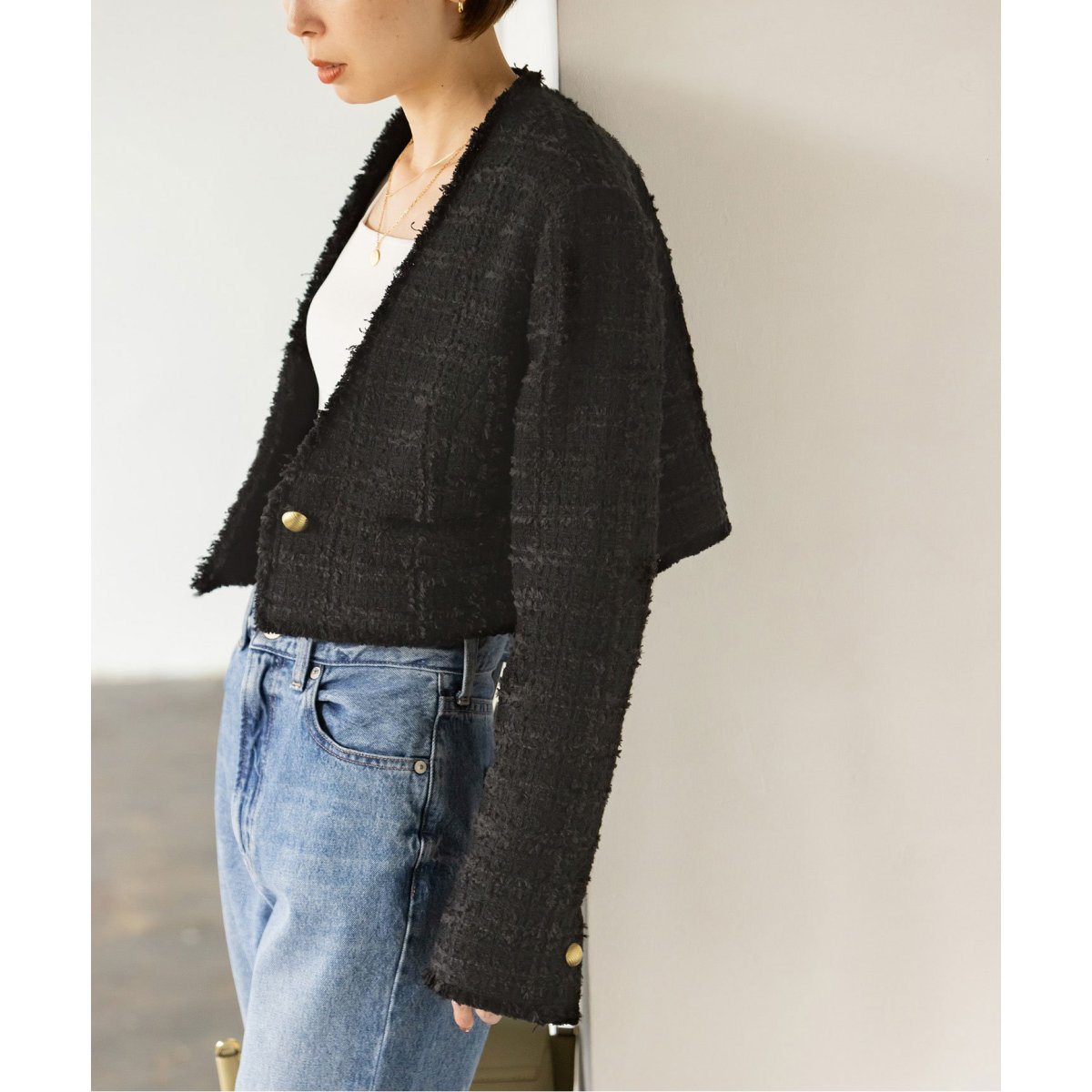 チェックツィードVネックショートジャケット | ノーブル(Noble