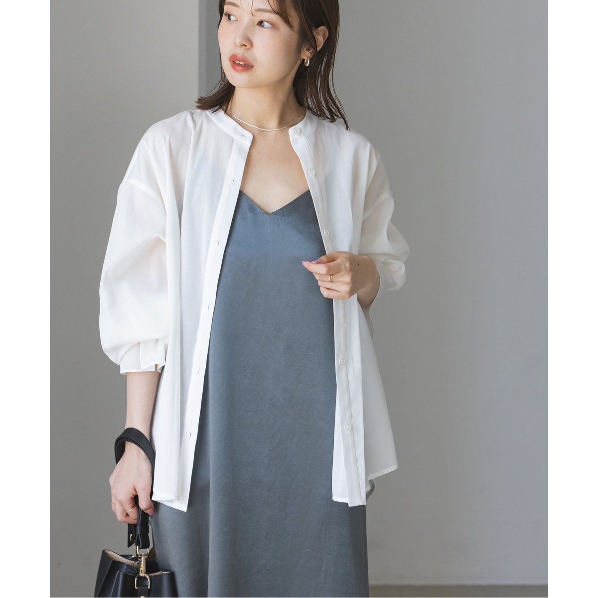 NOBLE◆ベルテッドスリーブバンドカラーシャツ/ポリエステル/BRW/無地/14-051-240-5080-2-0 My Policy Shirt】ベルテッドスリーブバンドカラーシャツ