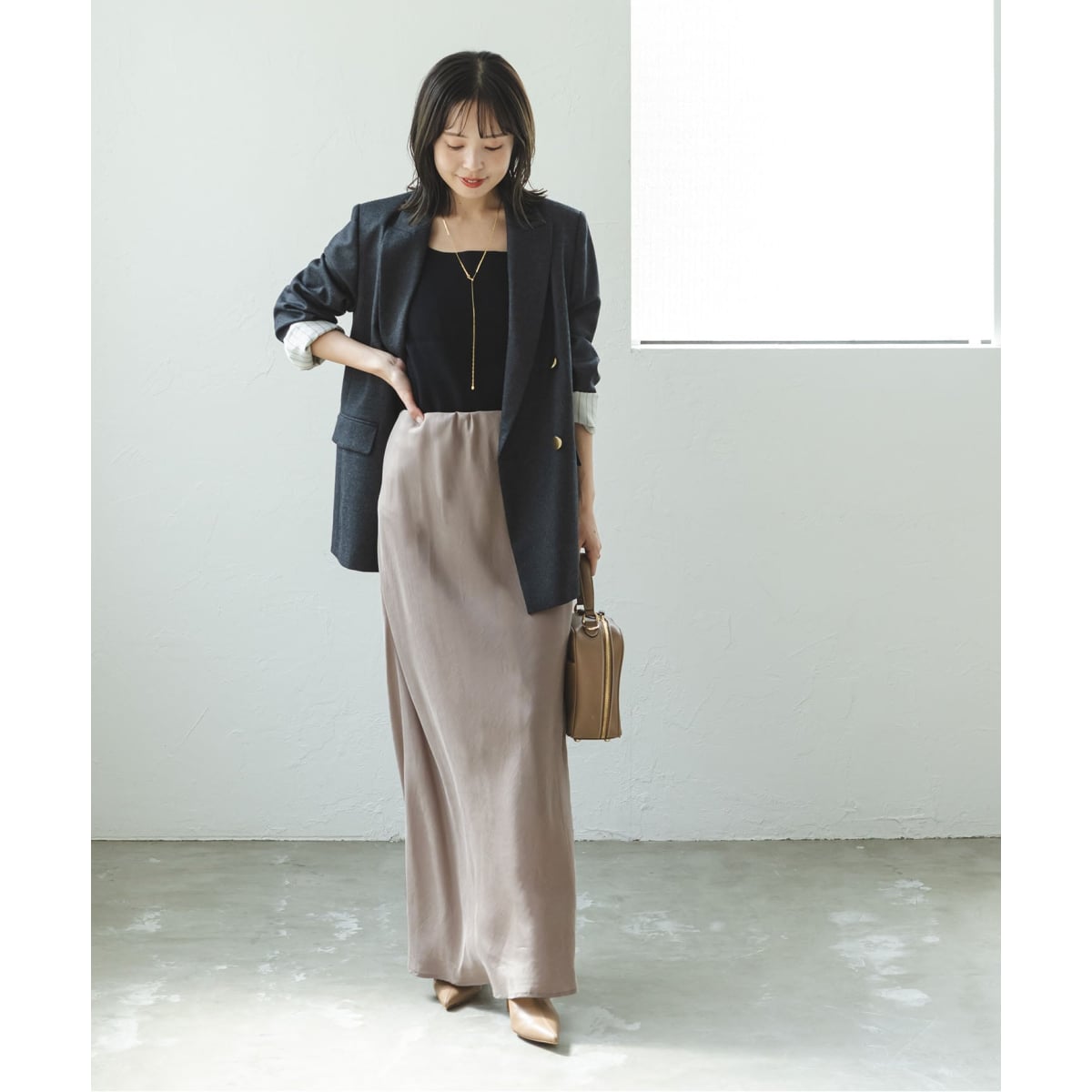 NOBLE  キュプラサテンナローAラインスカート 追加》キュプラサテンナローAラインスカート（ロング・マキシ丈