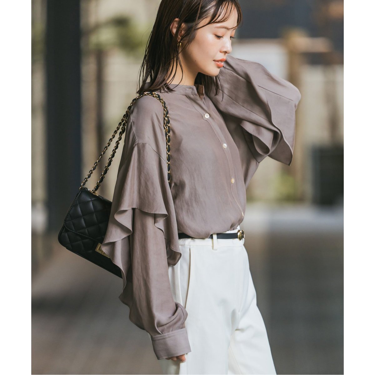 【匿名配送】noble ドライシフォンラッフルスリーブブラウス シャツ トップス 追加》ドライシフォンラッフルスリーブブラウス | ノーブル