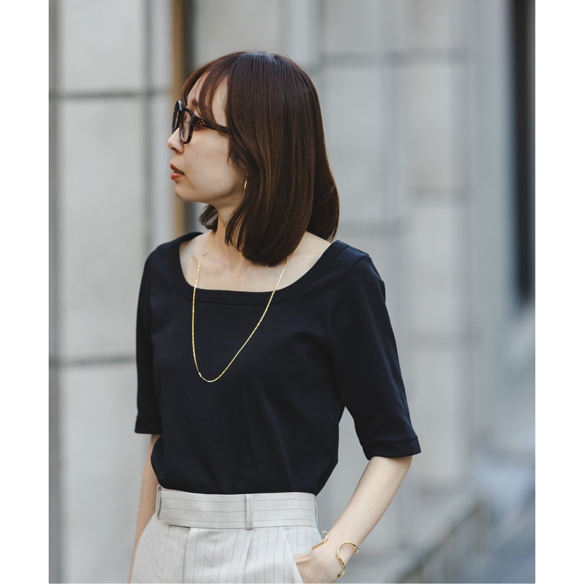 追加》スビンコットンソフトスクエアーネックTシャツ | ノーブル