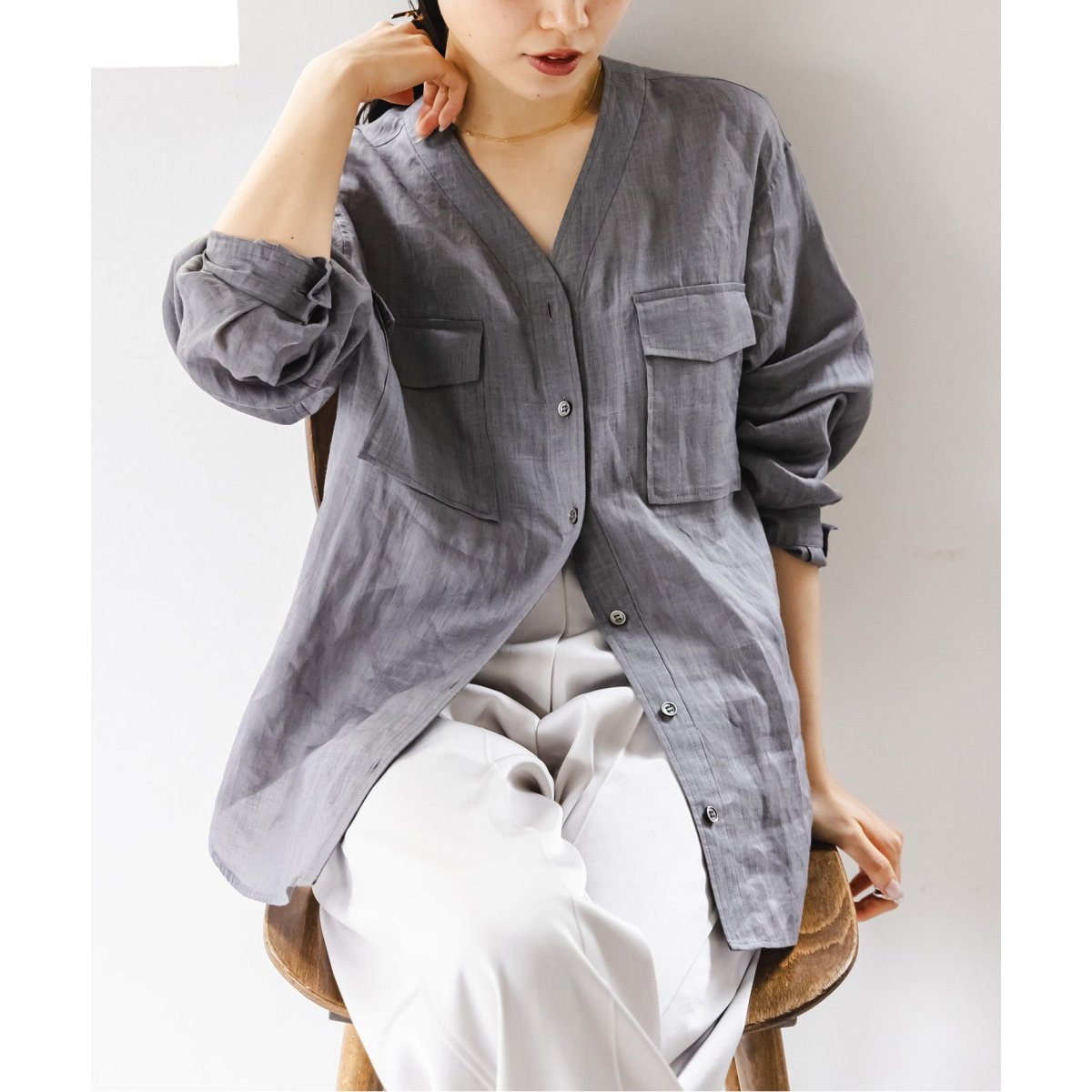 NOBLE【ノーブル】☆【洗える】ラミーシアーVカラーシャツ　新品グレー 追加》【洗える】ラミーシアーVカラーシャツ（シャツ／ブラウス