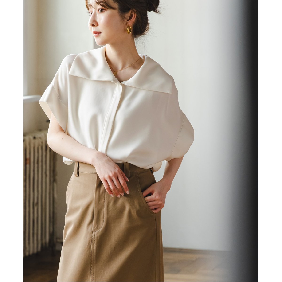 追加》【洗える】2WAYワイドカラーキュプラブラウス | ノーブル