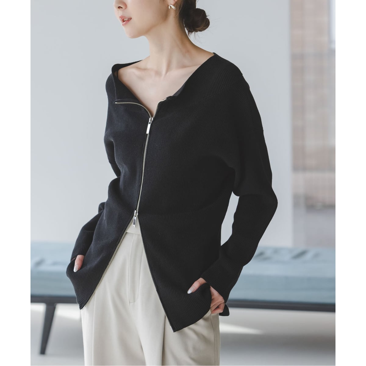 NOBLE ノーブル フロントジップボートネックニット ホワイト WEB限定追加》フロントジップボートネックニット（ニット
