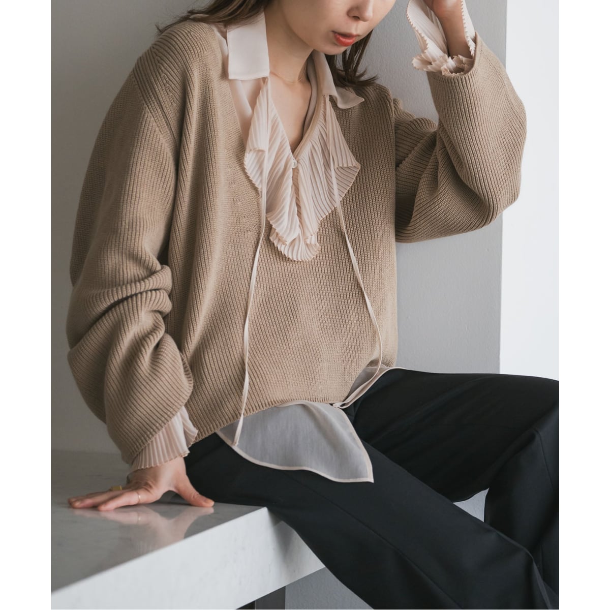 ノーブル ファーニットVネックベスト ベージュ ○ファーニットVネック