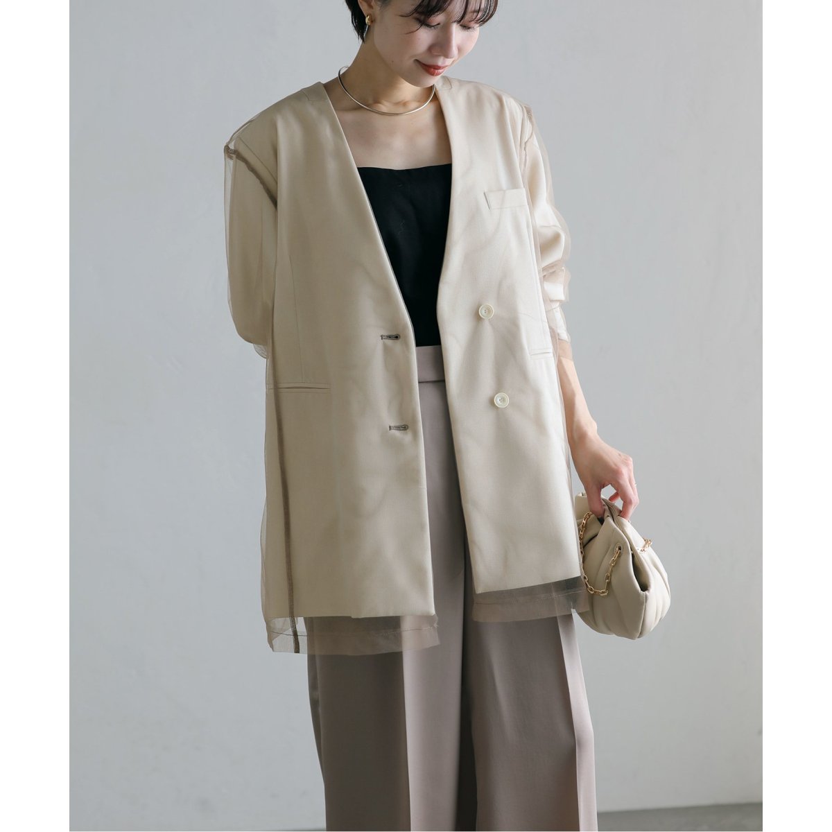 ウーステッドライクツイル SETUP ノーカラージャケット | ナチュラル