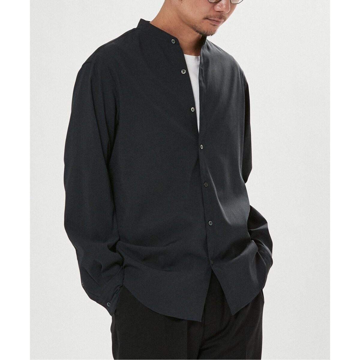 【black.w】ウォッシャブルウールビエラバンドカラーシャツ ウォッシャブルウールバンドカラーオーバーシャツ（ダークグリーン