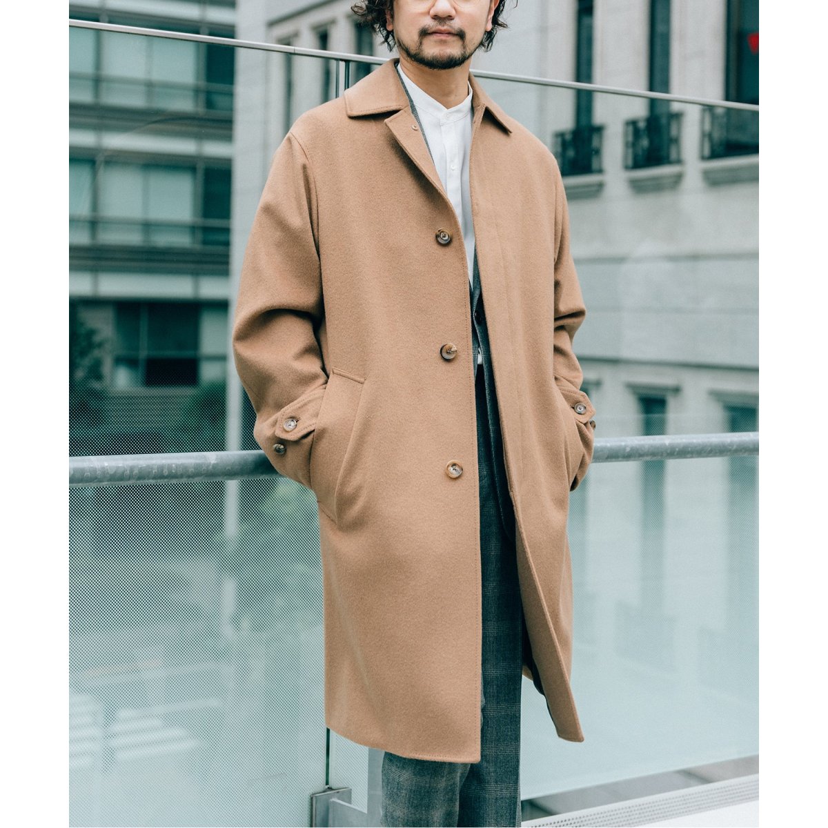 SUPER 140's ウール / カシミヤ スプリットラグラン ステンカラー