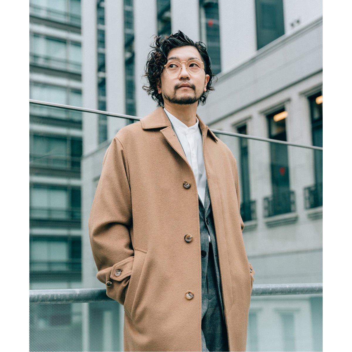 f1410m # カシミヤｘメルトンウール【エディフィス EDIFICE スタンドカラーコート メンズ M】ハウンドトゥース 千鳥格子 チェスターコート EDIFICE SUPER 140\u0027s ウールメルトンフードロングコートM 秋冬新作