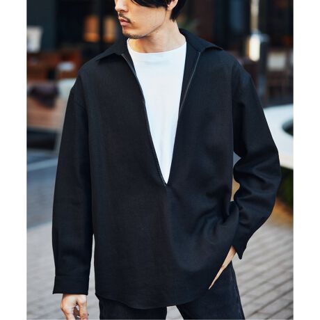 LA BOUCLE / ラブークル】レザーパイピング スキッパーシャツ 