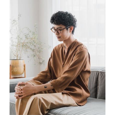 レーヨン/リネン ツイル バンドカラー 7分袖シャツ | エディフィス 